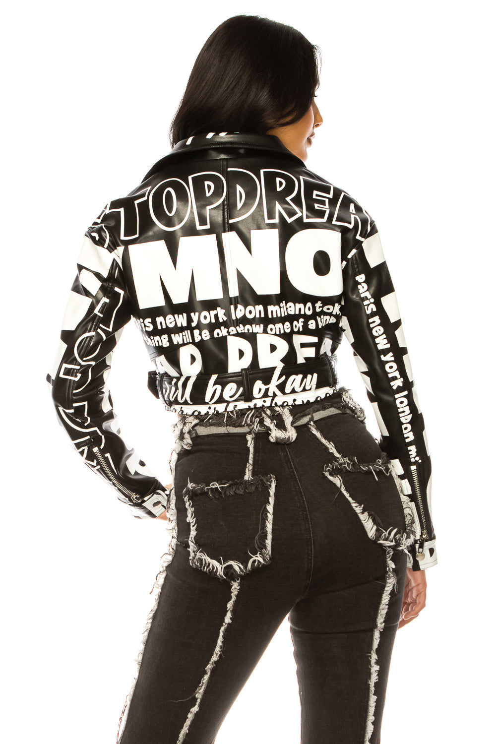 Letter Print Crop PU Leather Jacket with Belt