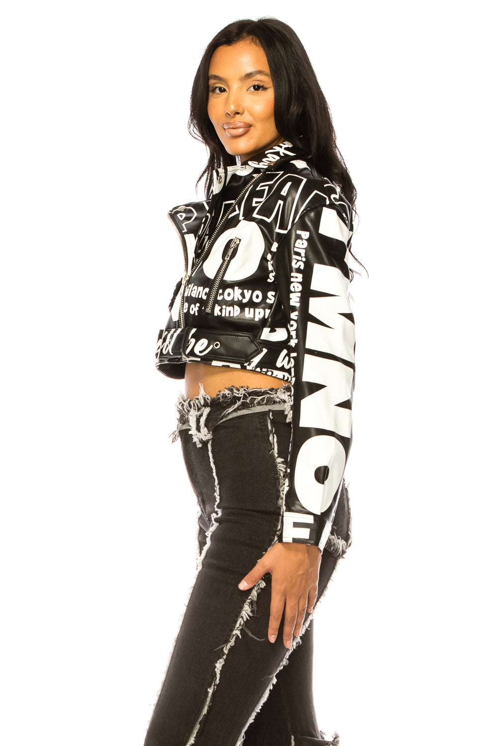 Letter Print Crop PU Leather Jacket with Belt