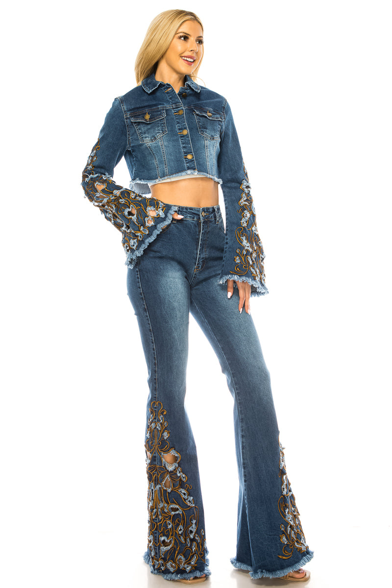 Purple Candy Jeans Women Denim Cropped Jacket Embroidered Long Sleeve Stretch Medium BLue