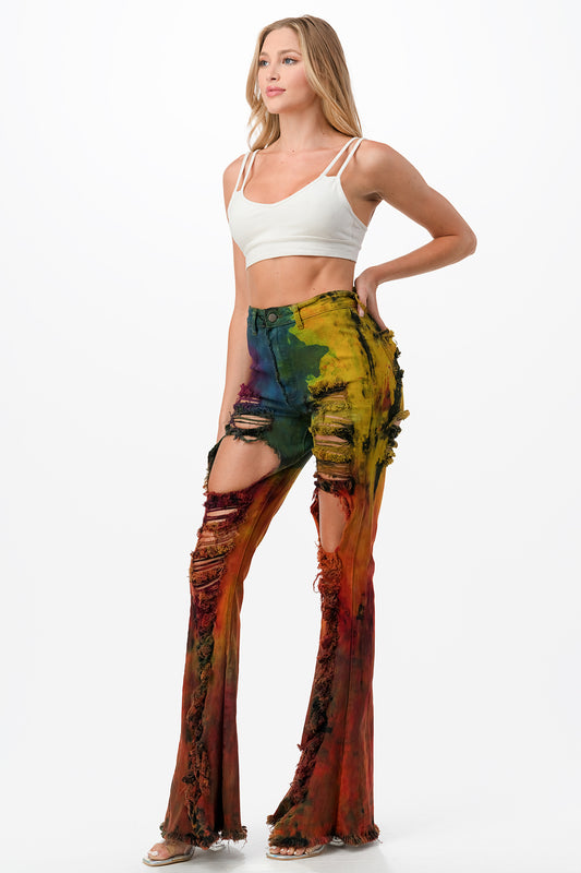 HIGH RISE TIE DYE FLARE DENIM DISTRESSED  ON FRONT & BACK