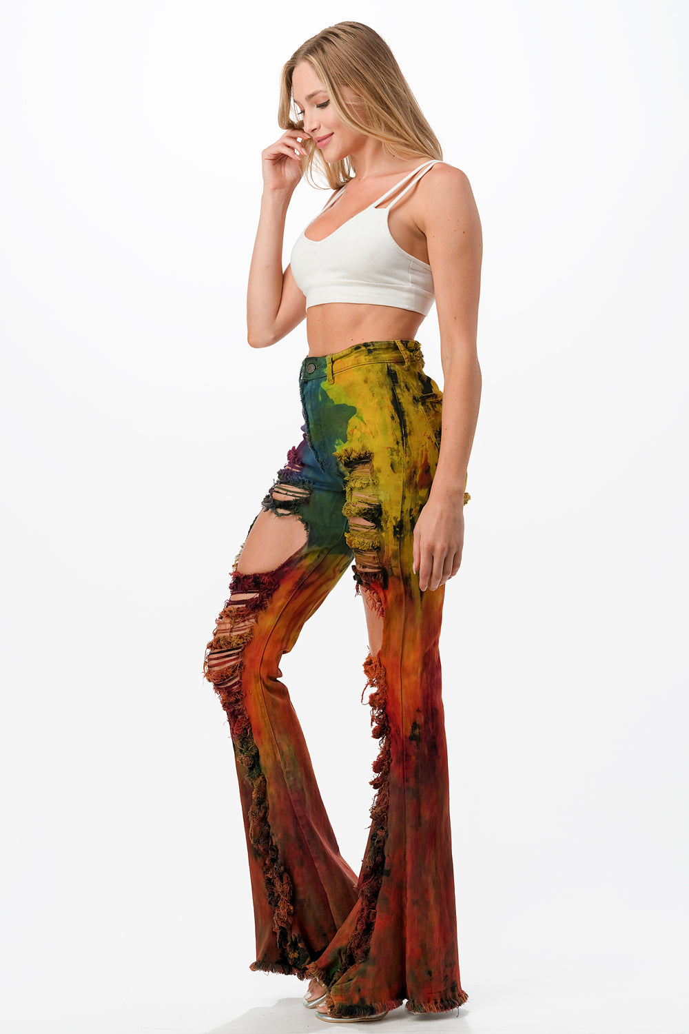 HIGH RISE TIE DYE FLARE DENIM DISTRESSED  ON FRONT & BACK