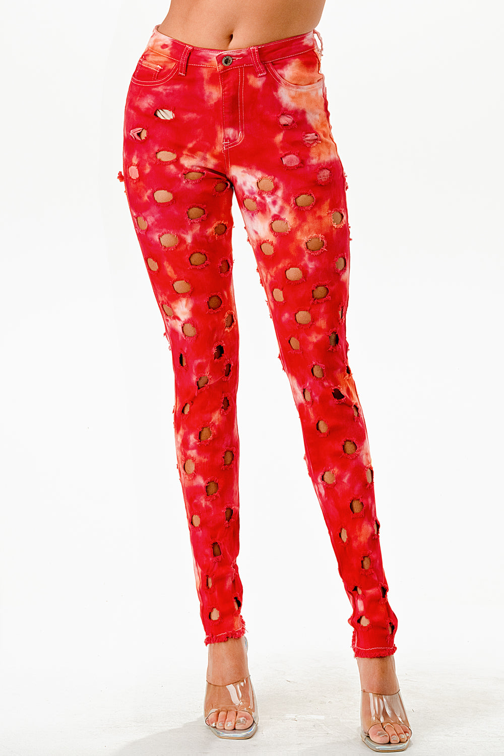 Purple Candy Jeans Women Hole Detail High Rise Skinny Denim Pants Tie Dye (Red Combo Color))