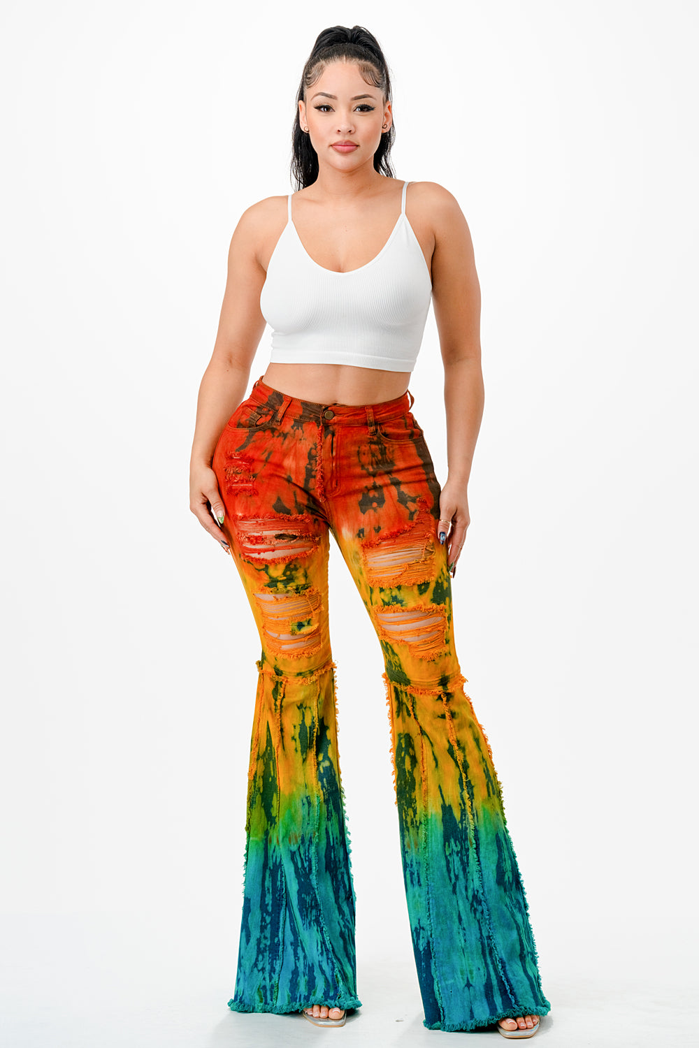 Purple Candy Jeans Women Denim Pants Tie Dye Flare Jeans High Rise Stretch Frayed (Orange Turquois)