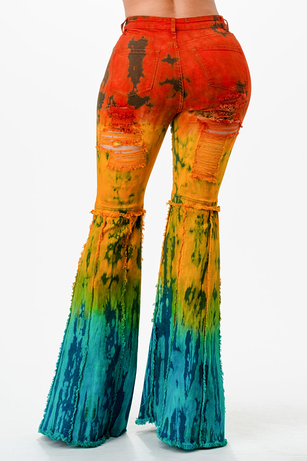 Purple Candy Jeans Women Denim Pants Tie Dye Flare Jeans High Rise Stretch Frayed (Orange Turquois)