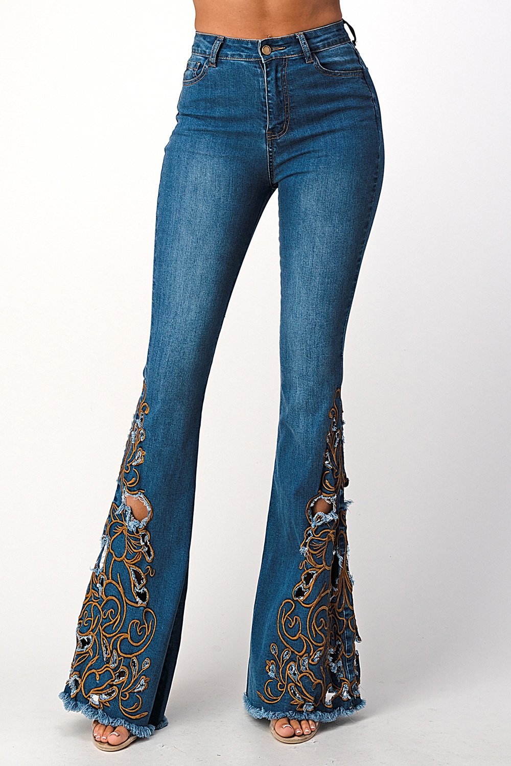 Purple Candy Jeans Women Embroidery Ripped High Rise Flare Fit Denim Pants (Medium Blue)